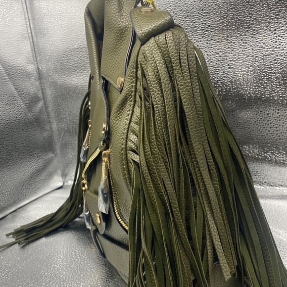 NWT Olive Green Vegan Leather Le Miel Fringe Biker Jacket Crossbody | Backpack - Picture 2 of 5